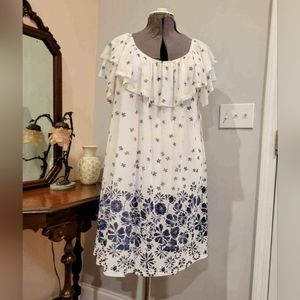 NWT 2X White Ruffly Dress w/Blue Embossed Flowers